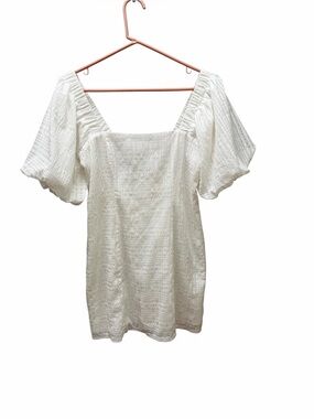 Lululs Strolling the Seine White Plaid Burnout Puff Sleeve Mini Dress. Size L